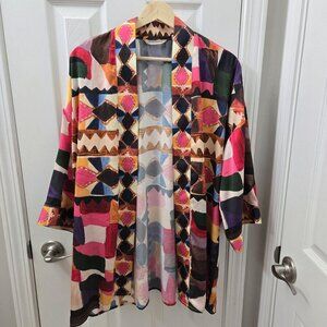 Soft Surroundings Kimono Womens S/M Multicolor Geometric Print Open Front‎ Beach